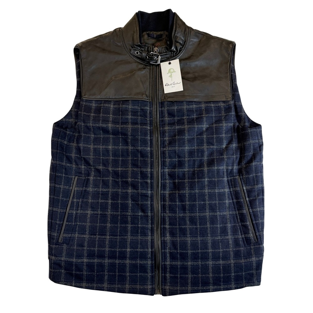 Robert Graham Vest Men M Blue Plaid Leather Trim Wool Blend Full Zip $398